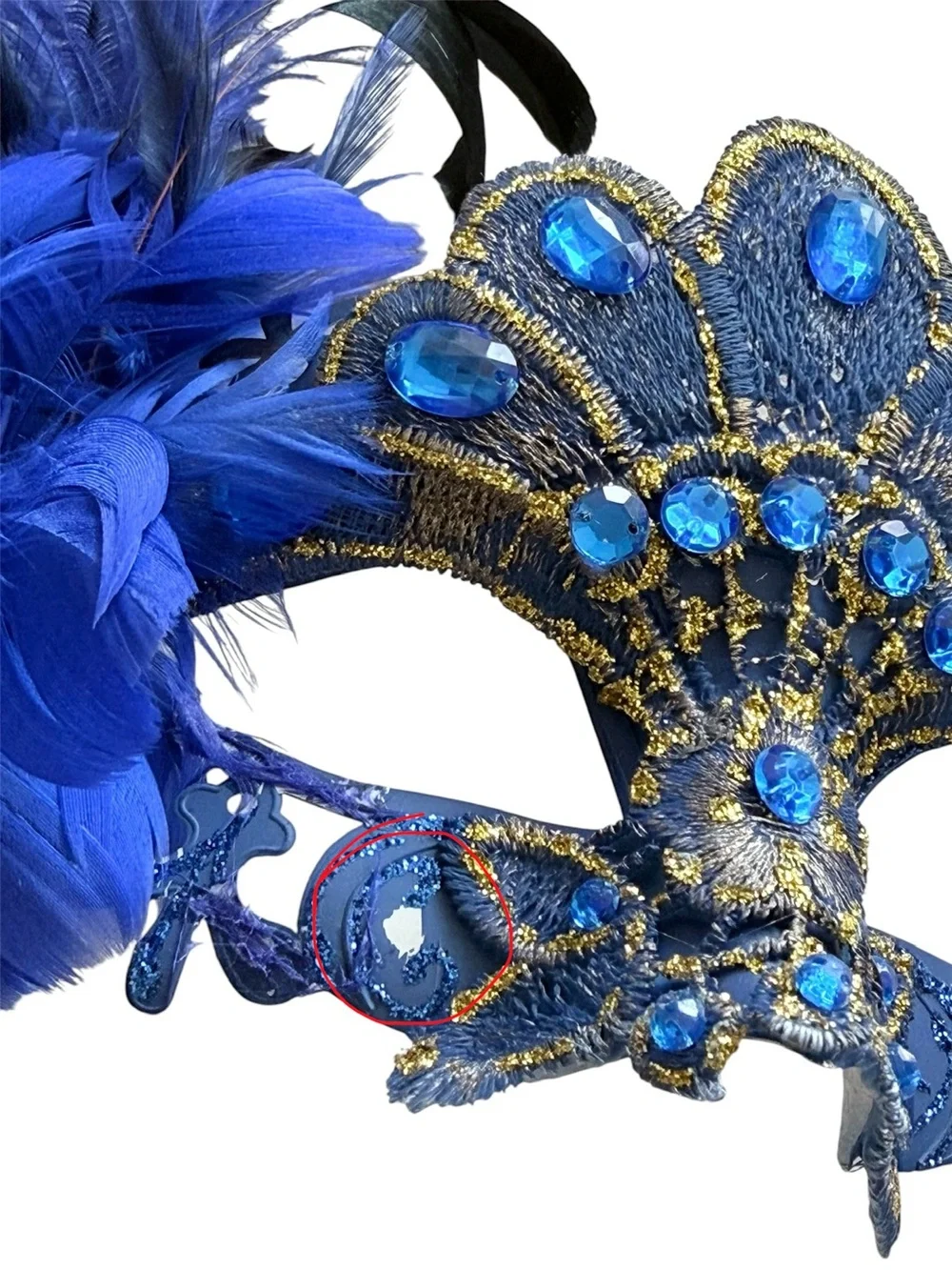 Blue Feathered Masquerade Mask with Stick (G347)